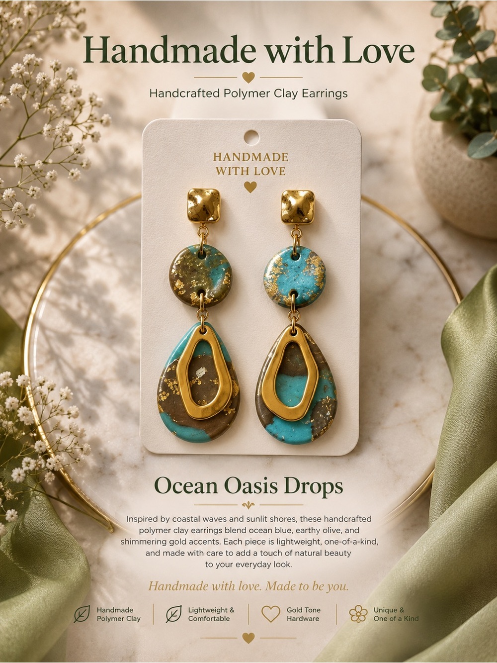 Handmade Ocean Oasis Drops Earrings in Turquoise & Gold